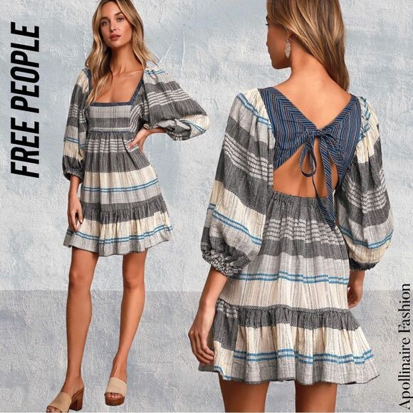 FREE PEOPLE ALL LINED UP IN XS NWT MINI DRESS MULTI STRIPE BLUE GREY COMBO - Picture 1 of 7
